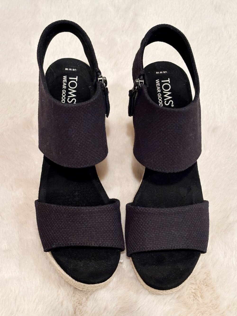 TOMS Majorca Platform Sandals – Black Basket Weave & Rope Heel – Size 10